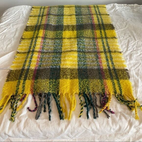 Yellow Pink Green Grey Plaid Eyelash Fringe and Tassel Scarf - Picture 2 of 11